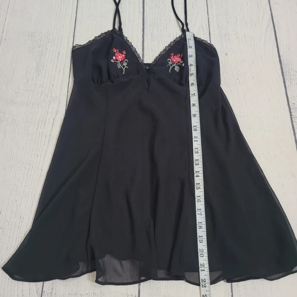 Gilligan O'Malley Small Black Rose Embroidered Sheer Mesh Babydoll Lingerie Lace